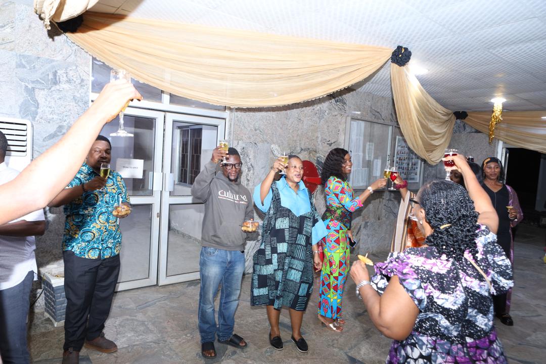 Delegates gathered for a group toast